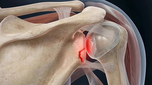 Medical Animation of a Fractured Scapula Bone with Red Highlight Indicating Injury Close Up Showing Rotator Cuff Tendons and Humerus Bone in Dark
