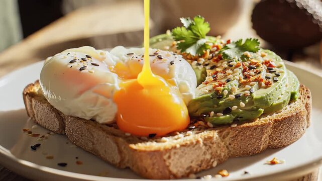 Close up of avocado toast with poached egg on a plate