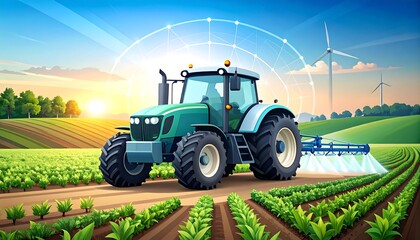 Obraz premium A vibrant scene depicts a tractor spraying crops in a field under a sunny sky with a windmill in the background