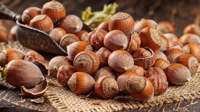 Close up of fresh hazelnuts in shell on wooden surface