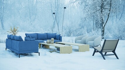 Fototapeta premium Outdoor winter living area concept featuring modern blue sofas and furniture in a snowy forest