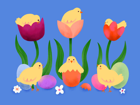 Hand drawn Easter illustration with cute chickens, flowers and colored eggs, festive creeting card 

