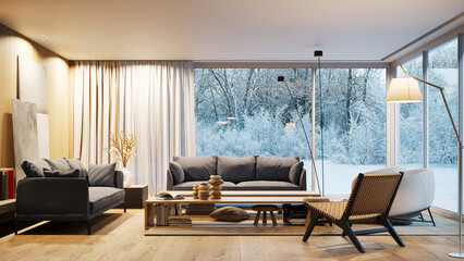 Fototapeta premium Modern living room interior with large windows overlooking a snowy winter landscape. 3D rendering