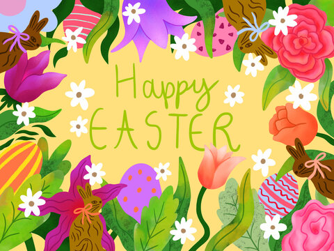 Easter greeting card with  hand-drawn vibrant colored flowers, decorated eggs and chocolate bunnies