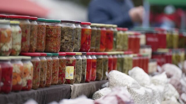 Market for pickled vegetables in jars in Morocco