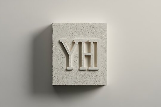 Monogram carved from a stone block with yh letters on a plain wall background