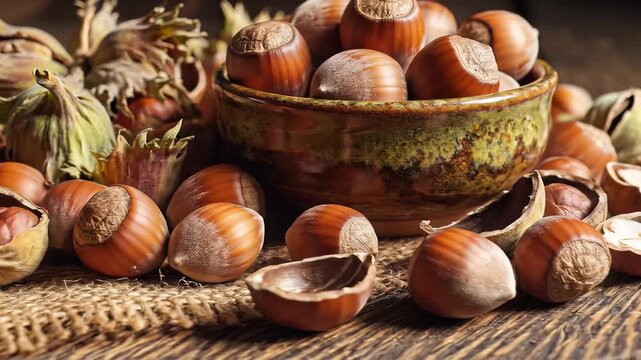 Close up of freshly harvested hazelnuts on rustic surface with natural lighting