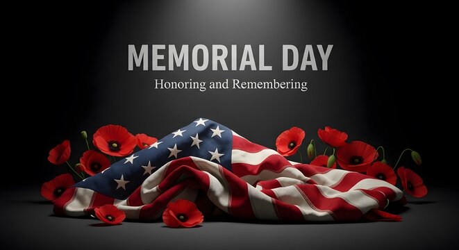 USA flag and remembrance poppies, a patriotic composition for Memorial Day celebration