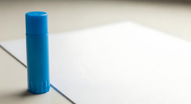 Blue cylindrical object on white paper background with tile floor