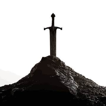 A dramatic silhouette of a sword in a stone on a mountain peak.