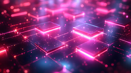 Futuristic neon lines and geometric shapes over a dark background.