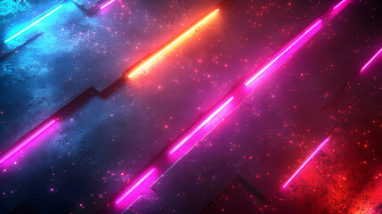 Futuristic neon lines and geometric shapes over a dark background.
