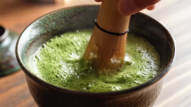 Close up of matcha tea preparation whisking in a bowl