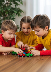 Naklejka premium Three children playing with toy cars on a wooden table in a bright room