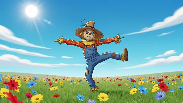 A cheerful scarecrow dancing in a vibrant field of colorful flowers under a bright sunny sky.