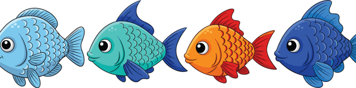 Cute Colorful Cartoon Fish Collection with Blue, Green, Orange and Red Tropical Aquarium Sea Life Vector Set