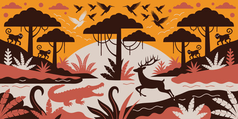 Stylized african savanna scene with diverse wildlife and lush vegetation © SarwarGfx