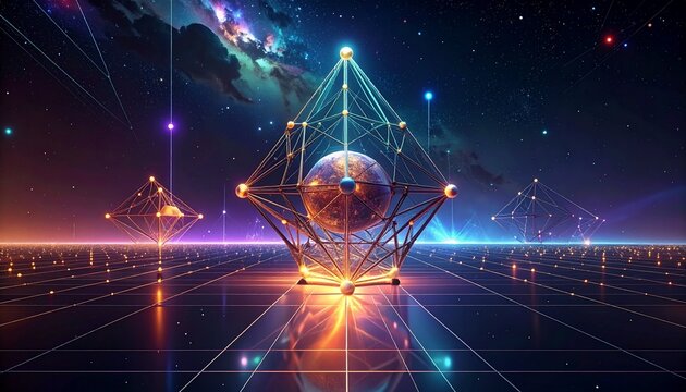 struttura vuota di forma romboidale, con all'interno una sfera, su una superficie scura e lineare che si estende all'infinito, con spazio cosmico di fantasia sullo sfondo