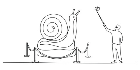 Continuous line drawing of person taking selfie with giant snail sculpture © Icon_gallery