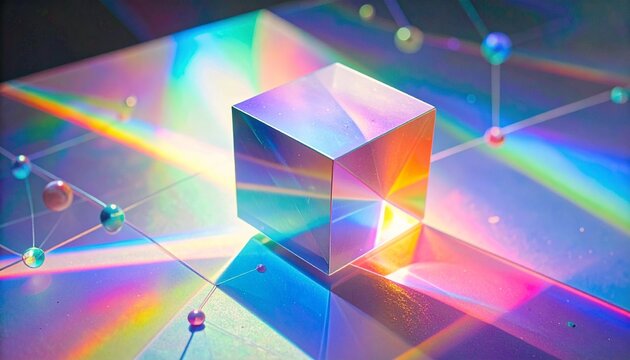 cubo di cristallo semi trasparente sopra superficie lucida e multicolore ben illuminata, circondata da piccole strutture atomiche