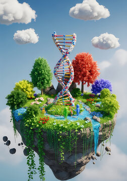 Floating island with dna structure and vibrant flora in the sky