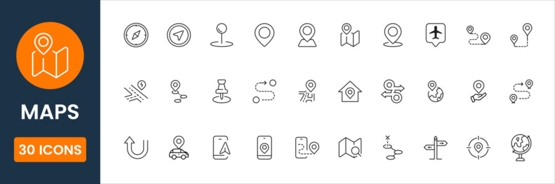 Flat maps icon collection with location pin, GPS navigation and route planning symbols clean modern vector set