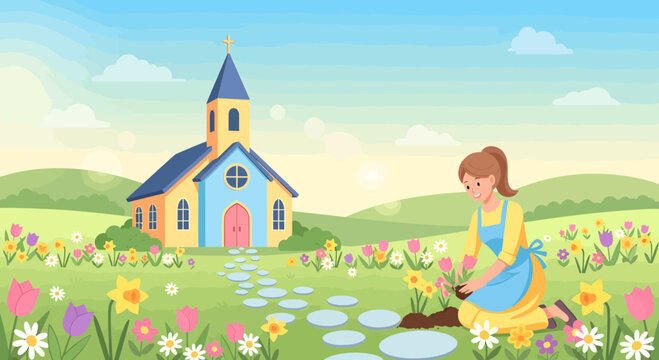 Woman tending to flowers in a garden near a church.