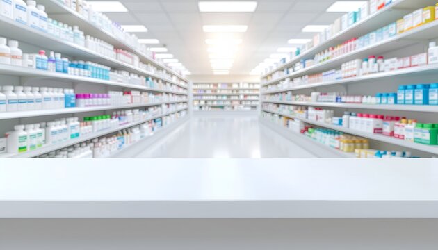 Empty white table top with blurred pharmacy store shelves background for product display.