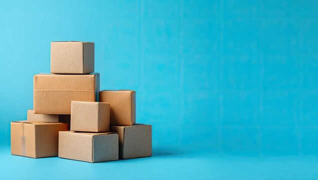 Stack of Cardboard Boxes on a Blue Background.