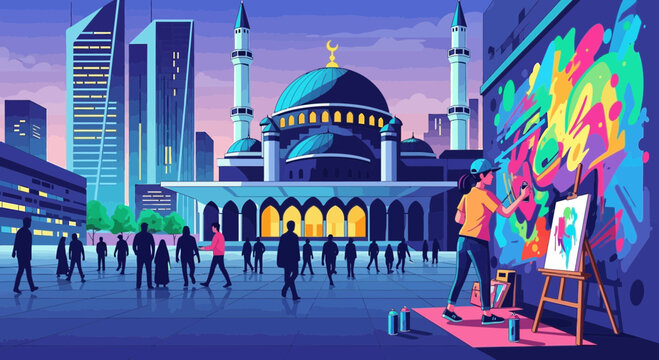 Artist painting vibrant graffiti on a wall in a city square.