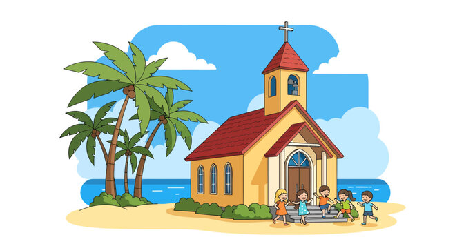 Cartoon Church Building with People on Tropical Beach.