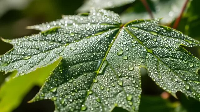 Close-up of a green maple leaf covered in sparkling morning dew drops.