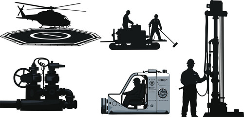 Industrial offshore oil and gas operations set featuring helicopter on landing pad drilling rig machinery and worker silhouettes isolated on white background © Sherina