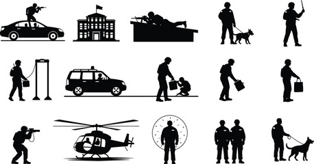Security Forces and Military Silhouettes Set Featuring K9 Units Surveillance Helicopter Police Vehicles Tactical Guards and Homeland Defense Operations for Professional Design © Sherina