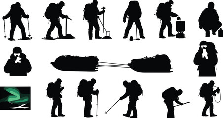 Arctic Expedition Silhouettes Set Featuring Winter Explorers with Snowshoes Sleds Backpacks Ice Tools and Survival Gear for Mountain Trekking and Polar Research © Sherina