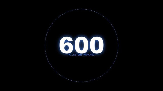Digital 600 milestone reached animation for business success, achievement, goals, and growth celebration video.