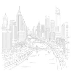 Modern Cityscape with River and Bridges, Urban Skyline, Architectural Buildings, Transportation