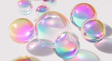 Iridescent Soap Bubbles Floating on a White Background with Soft Shadows.