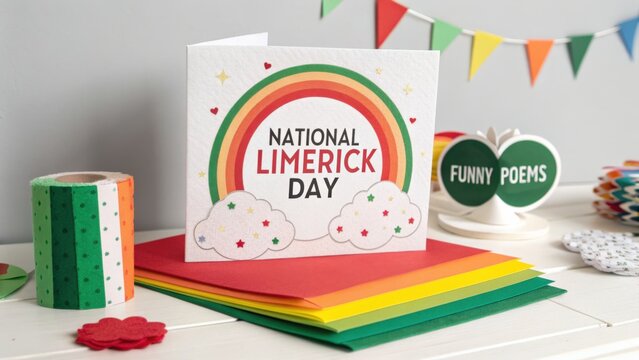National Limerick Day Card with Rainbow and Clouds Design