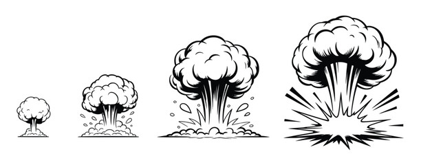 Explosion and Blast Icon Collection, Vector Illustrations Including Mushroom Cloud, Smoke, and Comic-Style Boom Elements for Digital Graphics, Gaming, and Animation Design. © MSTRINA