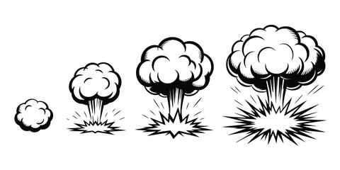 Explosion Vector Icons Set, Featuring Mushroom Cloud, Blast, Smoke, and Comic Boom Symbols for Action, Gaming, Comic Design, and Creative Illustration Projects. © MSTRINA