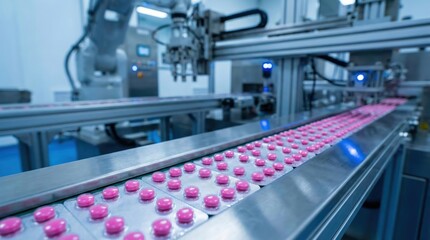 Fototapeta premium Pink medicine pills on an automated conveyor belt in a pharmaceutical manufacturing factory.