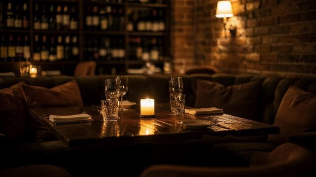 Cozy wine bar lounge featuring plush sofas and low tables against exposed brick walls with focus on a glowing candle centerpiece and blurred wine racks in background.