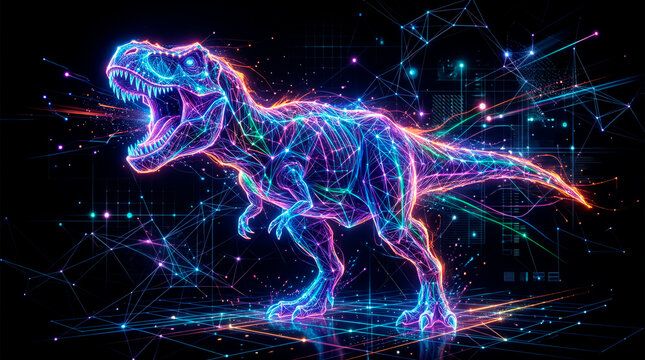 Tyrannosaurus rex digital wireframe structure glowing neon light
