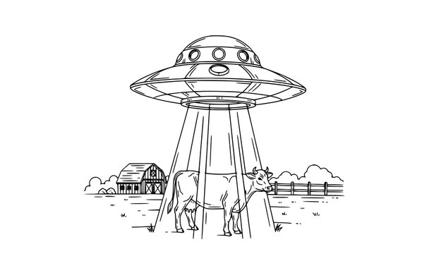 Black and White Cow Abduction UFO Line Art Vector Illustration with Farm Scene Outline Drawing