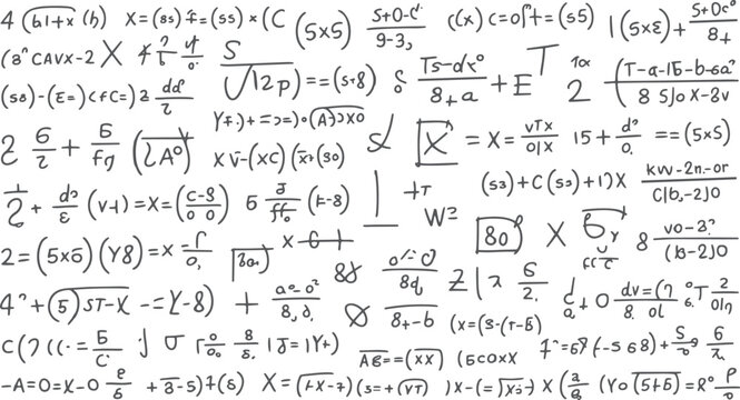 Handwritten mathematical equations and symbols scattered across a white background with a slightly textured appearance