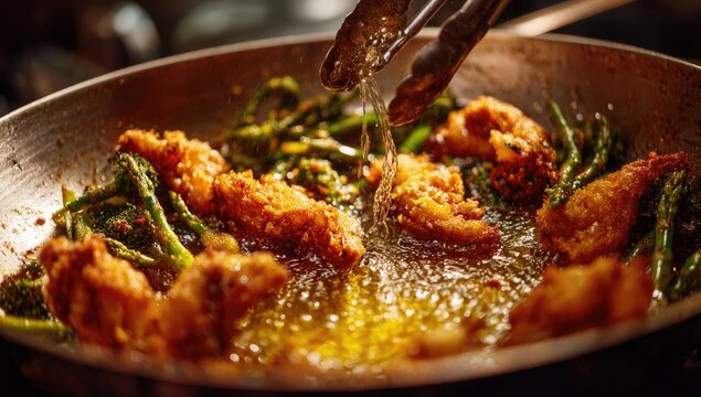 Crispy Fried Chicken and Green Beans Sizzling in Hot Oil.