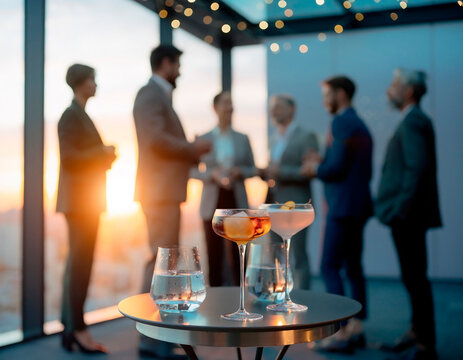 Close-up of small round table in focus with blurred corporate event background. Modern office setting ideal for business networking, meetings and conference concepts.