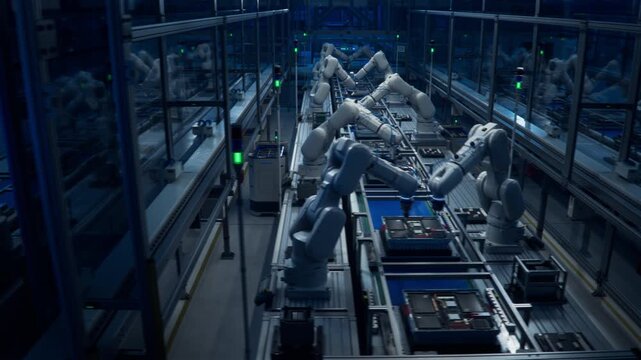 3D Animation: Dolly Shot of Automated Production Lines with White Robot Arms. Concept: Lights out Factory with Autonomous Assembly Lines and Industrial Robotic Arms.