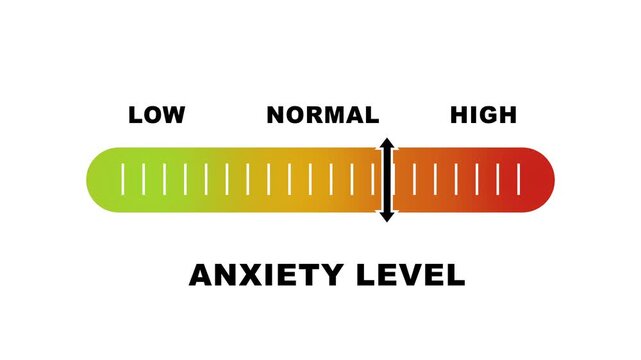 Anxiety level indicator scale. Low normal & high meter infographic animation on white background. Showing high anxiety level color gauge indicator for mental health and stress monitoring.